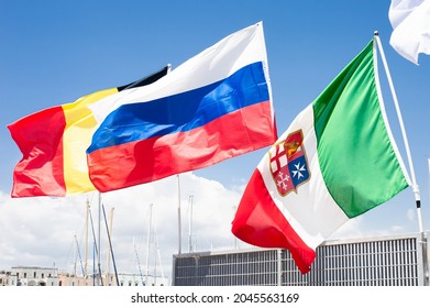 Collection Of Flags Of Belgium, Russia And Italy Merchant Navy Flag