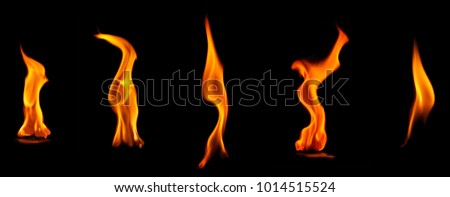 Collection flashes flame isolated on black background.
