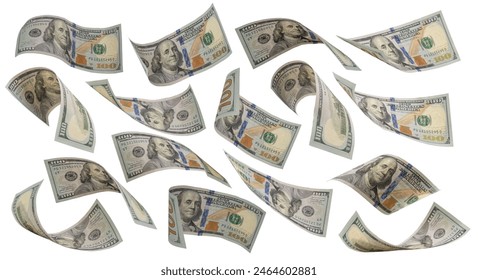 collection of flying money 100 dollar isolated with clipping path on  background.