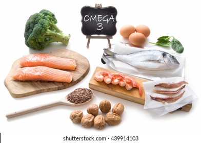 Collection Of Foods High In Fatty Acids Omega 3 Including Seafood, Vegetables And Seeds 