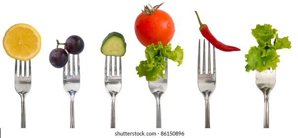 collection of forks with vegetables and fruit