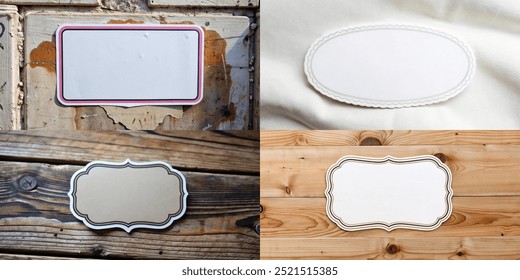 A collection of four different shaped tags, all of which are white. The tags are placed on a wooden surface, with one tag being placed in the center and the other three tags placed around it - Powered by Shutterstock