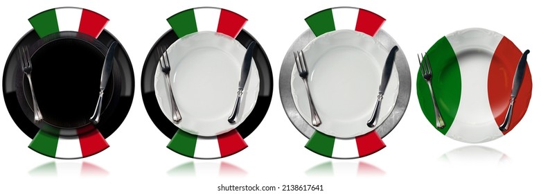 Collection of four empty dinner plates (crockery) with Italian flag and silver cutlery, fork and table knife. Isolated on white background.
