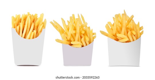 Collection of french fries in a white paper box isolated on white background.