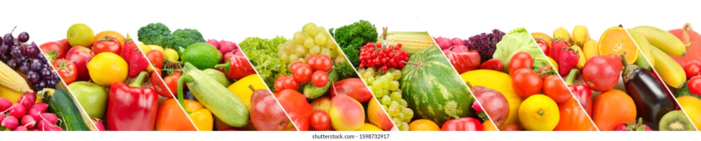 Collection fresh fruits and vegetables isolated on white background. Panoramic collage. Wide photo with free space for text. - Shutterstock ID 1598732917