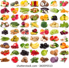 collection of fresh fruits and vegetables isolated on white background
