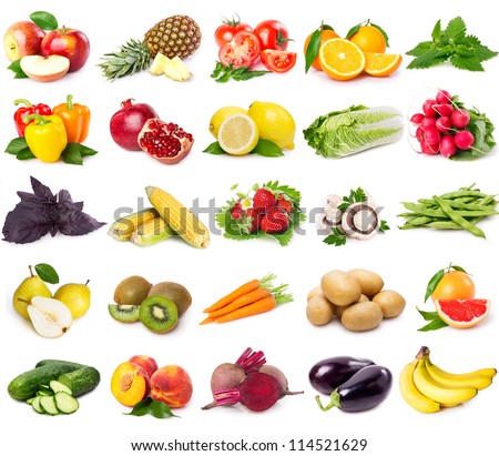 collection of fresh fruits and vegetables isolated on white