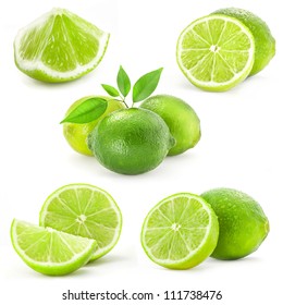 Collection Fresh Lime And Slice, Isolated On White Background