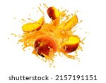 Collection of fresh Peach with splashing juice on white background. Selective focus