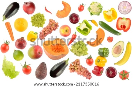 Collection fresh vegetables, fruits, berries isolated on white background. Pattern.