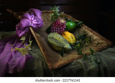 A Collection Of Fruits Arranged To Form A Good Composition Complemented By Other Objects On The Table. Fine Art Photography. Light Painting Photography. Still Life Photography.                        