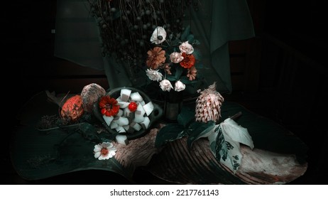 A Collection Of Fruits Arranged To Form A Good Composition Complemented By Other Objects On The Table. Fine Art Photography. Light Painting Photography. Still Life Photography.                        