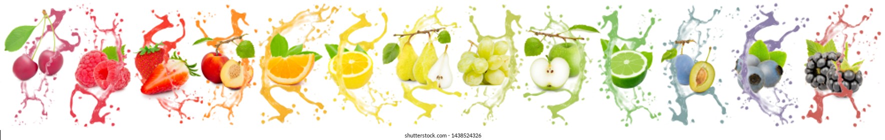 Collection of fruits with slices and juice splash in rainbow colors, healthy food and drink concept; isolated on white background - Powered by Shutterstock