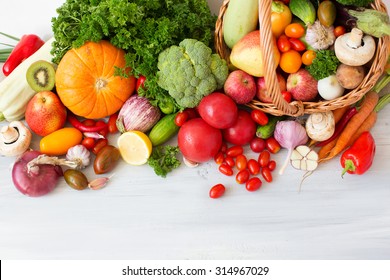 Collection fruits and vegetables isolated on a white background top view. - Powered by Shutterstock