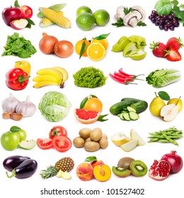 collection of fruits and vegetables on white background