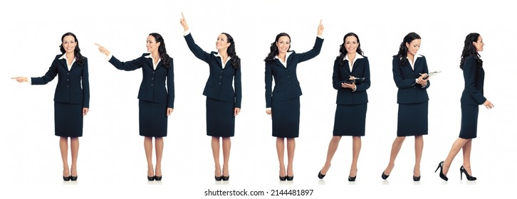 Collection Of Full Body Length Portraits Of Business Woman In Black Suit, Isolated Over White Background. Collage Image Of Confident Businesswoman Showing, Going, Writing With Clipboard, At Studio.