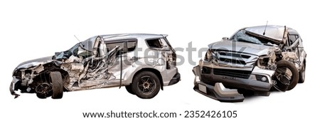 Collection of Full body side view and front view of silver bronze car get full damaged by accident on the road. damaged cars after collision. Isolated on white background with clipping path