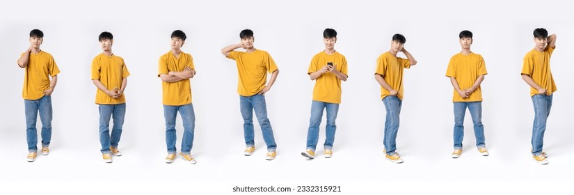 Collection full length handsome asian man lifestyle in yellow casual outfit on isolated white background. Young Asian man happy smile in studio. Business online concept. - Powered by Shutterstock