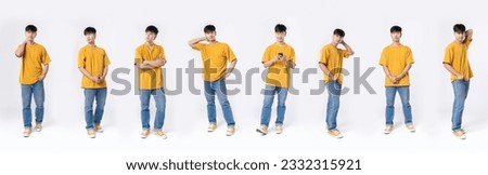 Collection full length handsome asian man lifestyle in yellow casual outfit on isolated white background. Young Asian man happy smile in studio. Business online concept.