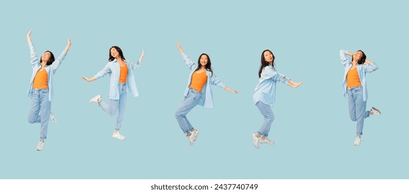 Collection full length joyful asian woman lifestyle in casual outfit dancing on isolated on blue background. Young Asian woman happy smile in studio. - Powered by Shutterstock