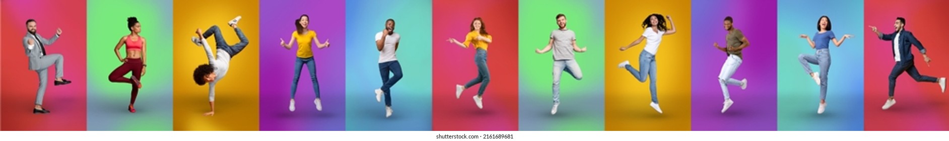 Collection of full length photos of cool multiracial millennial people posing on colorful studio backgrounds, showing positive emotions, exercising, gesturing and grimacing, collage, panorama - Powered by Shutterstock