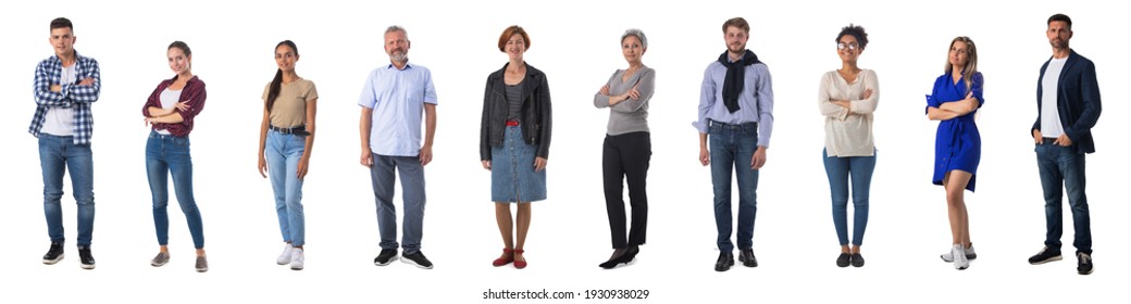 Collection full length portrait people in casual clothes isolated white background