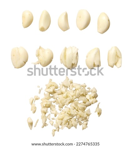 Collection of garlic isolated on white set peeled whole and chopped sliced cloves
