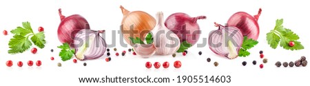 Collection of garlic and onion with peppercorn and parsley isolated on white background