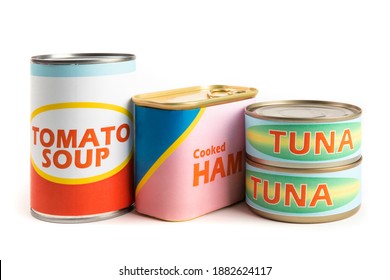 a collection of generic labeled food tins or cans isolated on white
