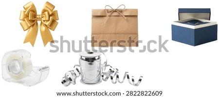 A collection of gift wrapping essentials including a gift box, tape dispenser, ribbon spool, gift sack, and satin bow.