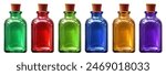 Collection of glass bottles with different colors on a transparent background.