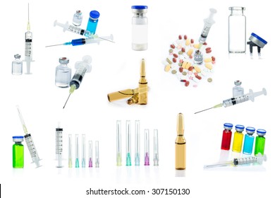 Collection Of Glass Medicine Vial Botox Or Flu With Medical Syringe Isolated On White Background 