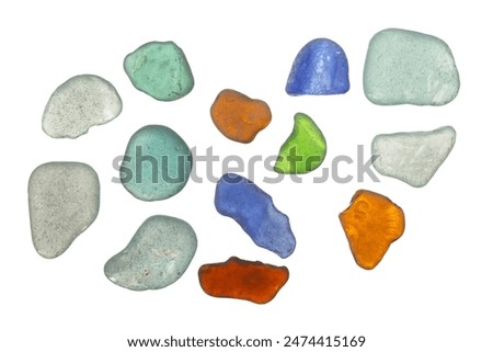Collection of glass Pebbles isolated on white background. Pieces of green, gray, blue, brown sea glass isolated on white background.