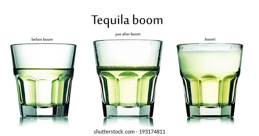 Collection of glasses with tequila boom cocktail. Soda and tequila cocktail.