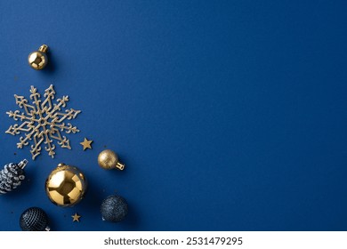 A collection of gold Christmas ornaments displayed against a deep blue background, featuring a decorative snowflake and stars. Perfect for festive, elegant holiday themes - Powered by Shutterstock