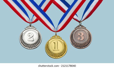 collection gold, silver, bronze medal against blue sky. award and victory concept