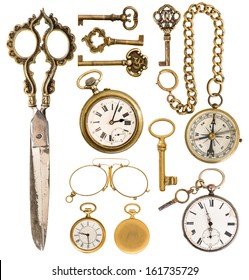 Collection Of Golden Vintage Accessories. Antique Keys, Clock, Scissors, Compass, Glasses Isolated On White Background