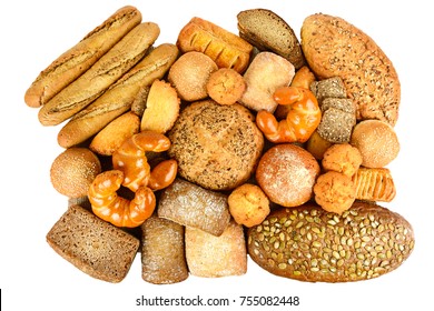 Collection Of Grain Bread And Baked Goods Isolated On White Background. Top View. Flat Lay