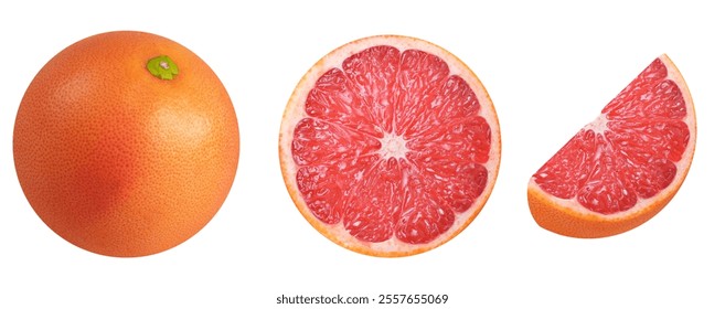 Collection of grapefruits on isolated white background. Whole, slice and half of grapefruit.