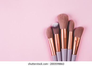 Collection Of Group Makeup Brush Size With Various Isolated On Pink Background, Set Of Make-up Artist, No People, Cut Out, Object About Beauty Of Female.