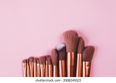 Collection Of Group Makeup Brush Size With Various Isolated On Pink Background, Set Of Make-up Artist, No People, Cut Out, Object About Beauty Of Female.