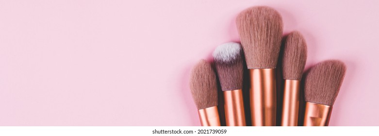 Collection Of Group Makeup Brush Size With Various Isolated On Pink Background, Set Of Make-up Artist, No People, Cut Out, Object About Beauty Of Female.