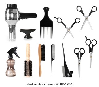 Collection Of Hair Styling Salon Tools Isolated On White Background