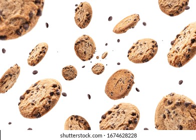 Collection of half chocolate chip cookies on white background