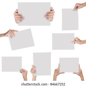 Collection Of Hand Holding Blank Paper Isolated On White Background