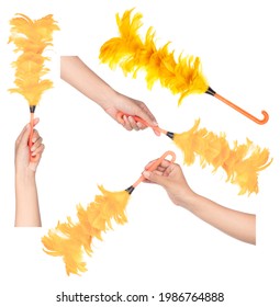 Collection of Hand holding duster feather plastic isolated on white background.