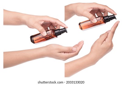 Collection Of Hand Holding Hair Serum Bottle Isolated On A White Background.