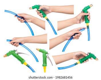 Collection Of Hand Holding Hose Nozzle Spraying Water Isolated On White Background.