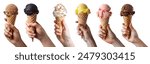 Collection of hand holding Ice cream scoop on waffle cone on background cutout file. Many assorted different flavour Mockup template for artwork design	
