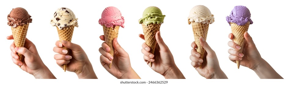 Collection of hand holding Ice cream scoop on waffle cone on background cutout file. Many assorted different flavour Mockup template for artwork design.	
